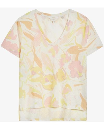 Ted Baker Ciana Floral-print Cotton And Linen T-shirt - White