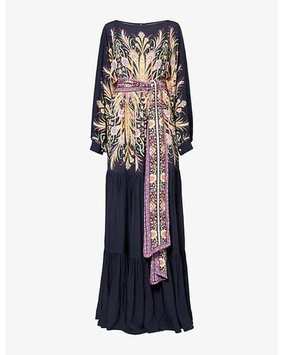 Etro Floral-pattern Dropped-waist Woven Maxi Dress - Blue