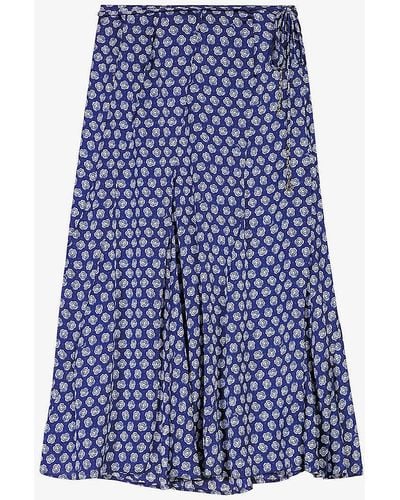 Maje Floral-print Split-hem Woven Midi Skirt - Blue