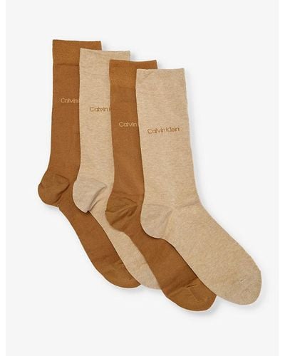 Calvin Klein Branded Crew-length Pack Of Four Cotton-blend Socks - Brown