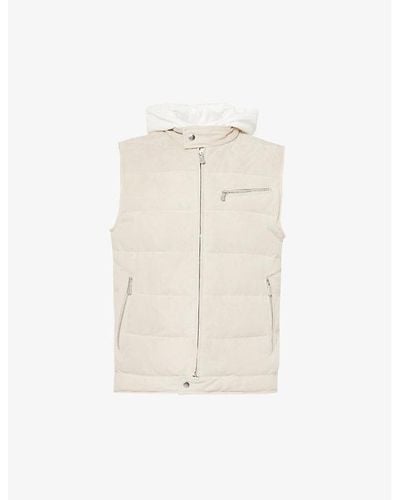 Eleventy Detachable-hood Quilted Suede-down Down Gilet - Natural