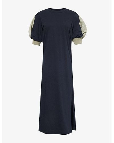 Sacai Puffed-sleeve Cotton-jersey Midi Dress X - Blue