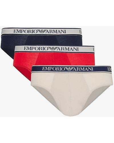 Emporio Armani Branded-waistband Pack Of Three Stretch-cotton Briefs X - Red