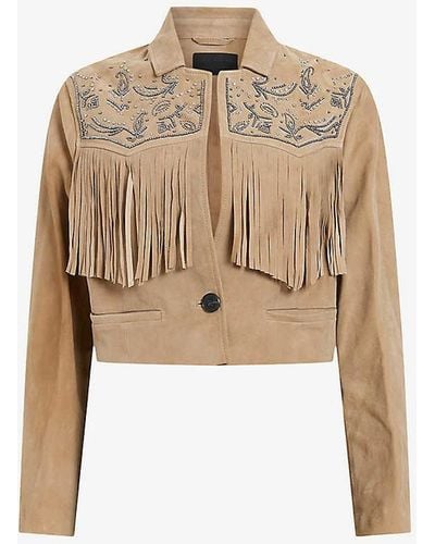 AllSaints Corinna Shai Tassel-embellished Cropped Leather Jacket - Natural
