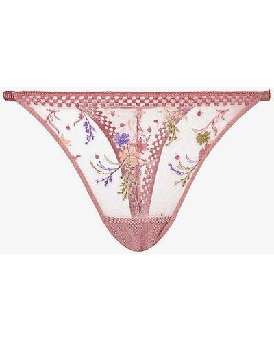Passionata Suzy Floral-embroidered Stretch-lace Thong - Pink