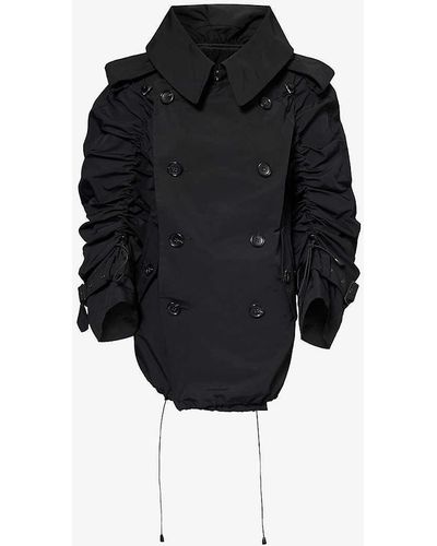 Junya Watanabe Ruched-sleeve Double-breasted Woven Coat - Black