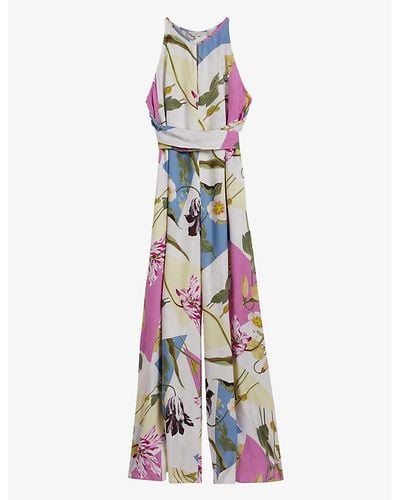 Ted Baker Maudee Floral-print Halter-neck Woven Jumpsuit - White