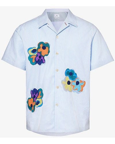 PS by Paul Smith Floral-embroidered Casual-fit Cotton Shirt - Blue