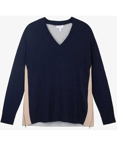 The White Company V-neck Side-zip Recycled Cotton-blend Jumper X - Blue