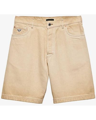 Prada Brand-plaque Faded-wash Denim Shorts - Natural