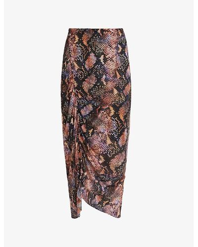 AllSaints Nora Tahoe Snake-print Stretch-woven Midi Skirt - Brown
