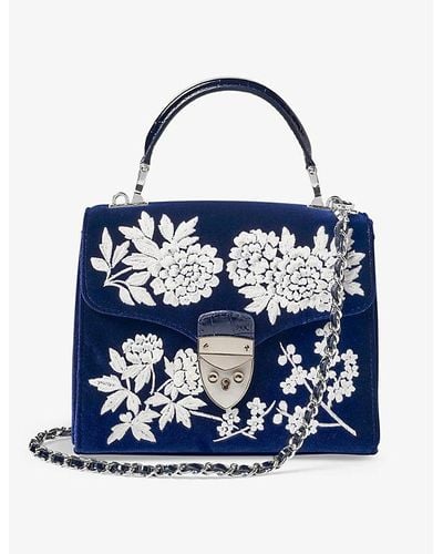 Aspinal of London Mayfair Midi Flower-embroidery Velvet Leather Shoulder Bag - Blue