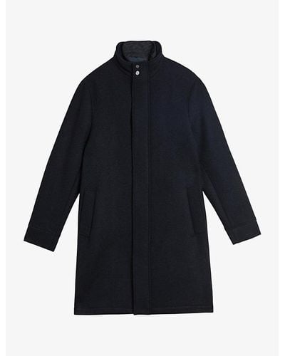 Ted Baker Vy Funnel-neck Straight-fit Wool-blend Coat - Blue