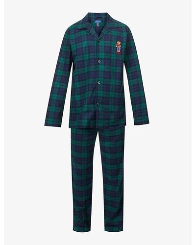 Polo Ralph Lauren Check-patterned Brand-embroidered Cotton Pyjama Set - Blue