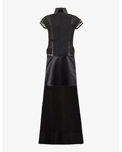 Sacai Suiting Notched-lapel Semi-sheer Mesh And Silk Maxi Dress - Black