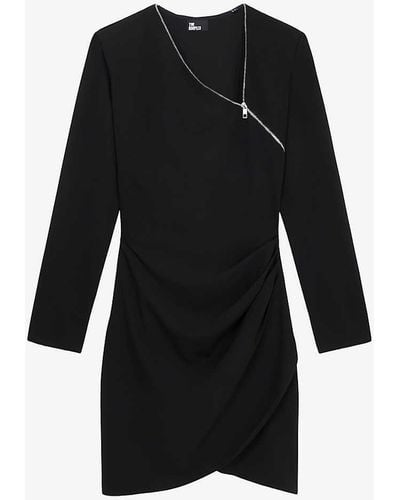 The Kooples Zip-neck Long-sleeve Stretch-woven Mini Dress X - Black
