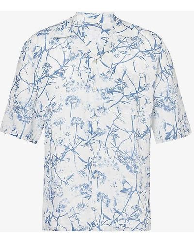 120% Lino Short-sleeve Patch-pocket Regular-fit Linen Shirt - Blue