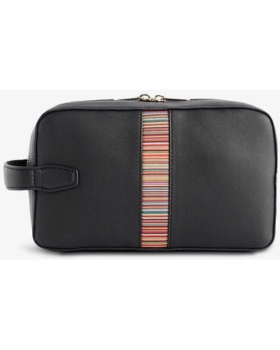 Paul Smith Striped-panel Zipped Grained-leather Wash Bag - Black