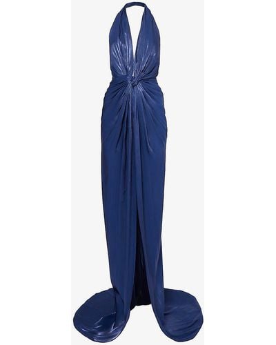 Costarellos Colette Halterneck Metallic Woven Gown - Blue
