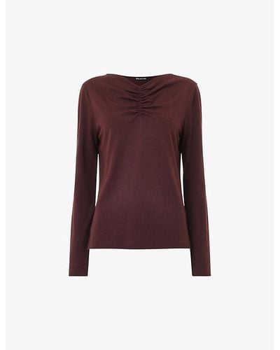 Whistles Ruched-neck Long-sleeve Woven Top - Purple