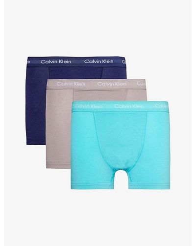 Calvin Klein Branded-waistband Mid-rise Pack Of Three Stretch-cotton Trunks - Blue