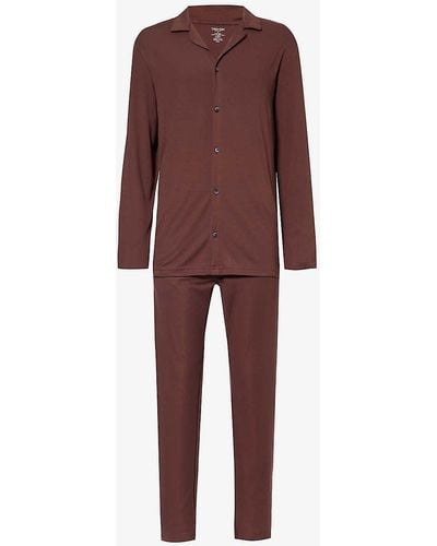 Calvin Klein Camp-collar Relaxed-fit Stretch Cotton-blend Pyjama Set - Red