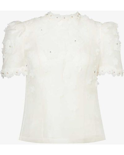 Zimmermann Floral-appliqué Slim-fit Linen And Silk-blend Top - White