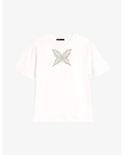 Maje Rhinestone-embellished Butterfly Cotton T-shirt - White