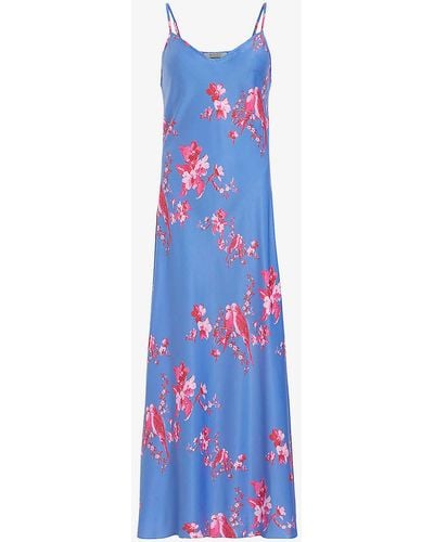 AllSaints Bryony Iona Graphic-print Recycled-polyester Maxi Slip Dress 1 - Blue