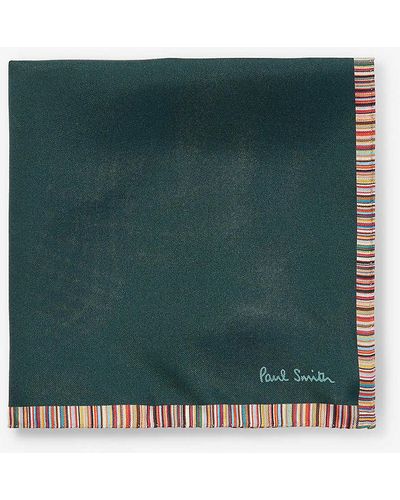 Paul Smith Logo-print Striped-trim Silk Pocket Square - Green