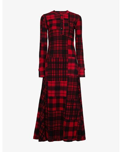 Polo Ralph Lauren Checked Round-neck Cotton-knit Maxi Dress - Red