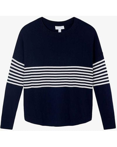 The White Company Stripe Curved-hem Recycled-cotton-blend Jumper - Blue