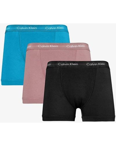 Calvin Klein Logo-waistband Pack Of Three Stretch-cotton Trunk - Blue