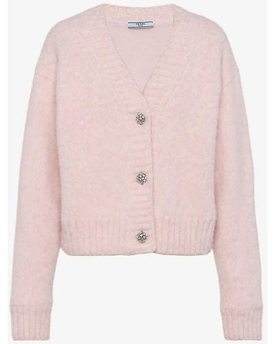 Prada Shetland Crystal-buttons Wool Cardigan - Pink