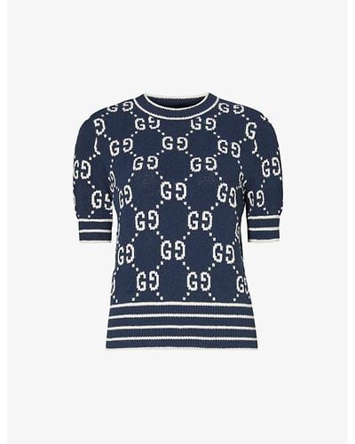 Gucci Monogram-pattern Ribbed-trim Cotton-blend Knitted Top - Blue