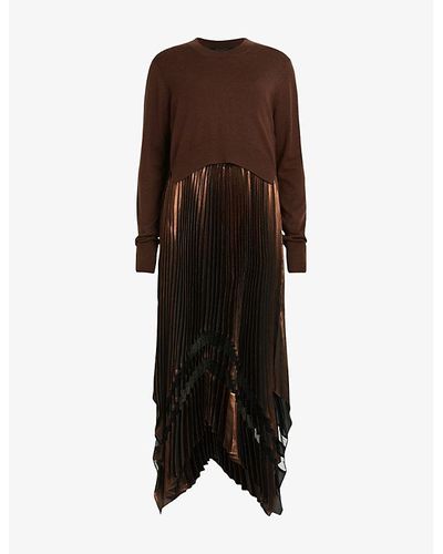AllSaints Nadia Pleated-skirt Wool Midi Dress - Brown