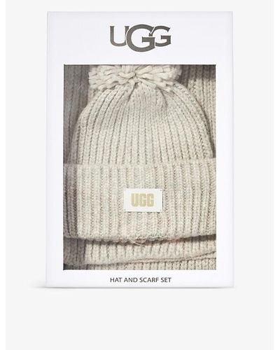 UGG Pom Pom Brand-patch Knitted Hat And Scarf Set - Natural