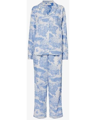Desmond & Dempsey Loxodonta Graphic-print Cotton Pyjamas X - Blue