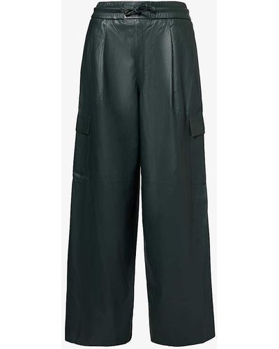 Yves Salomon Wide-leg Mid-rise Relaxed-fit Leather Cargo Trousers - Green