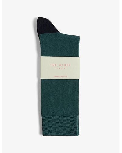 Ted Baker Clasic Contrast-panel Stretch Organic Cotton-blend Socks - Green