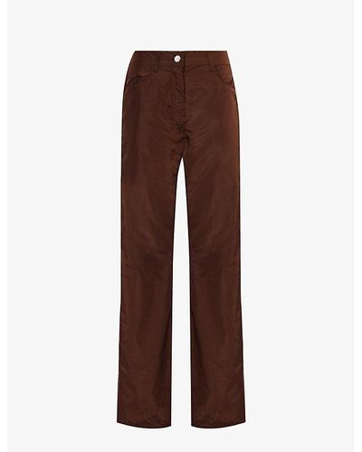 Saks Potts Embroidered Wide-leg Mid-rise Shell Pants - Brown