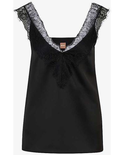 BOSS V-neck Lace-trim Recycled-polyester Cami Top - Black