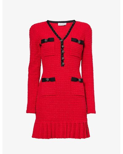 Self-Portrait Pleated V-neck Knitted Mini Dress - Red