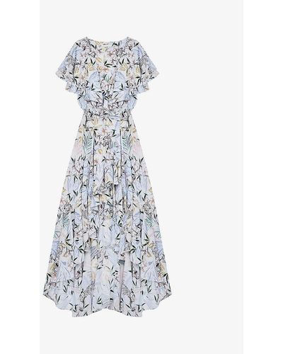 Maje Womens White Jungle Rivale Floral-print Satin Wrap Maxi Dress 14 - Blue