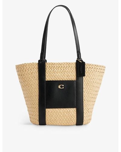 COACH Logo-patch Straw And Leather Tote Bag - Black