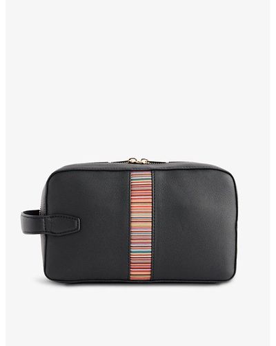 Paul Smith Striped-panel Zipped Grained-leather Wash Bag - Black