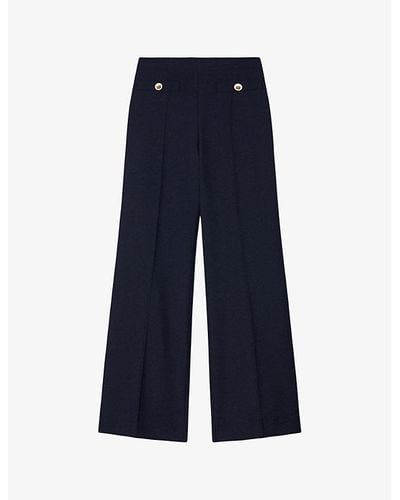 Sandro Button-embellished Wide-leg High-rise Wool-blend Twill Pants - Blue