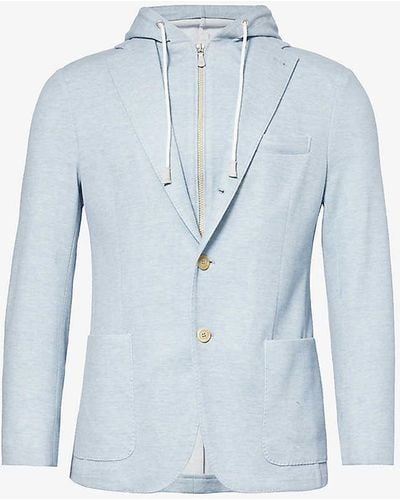 Eleventy Single-breasted Hooded Cotton And Cashmere-blend Blazer - Blue