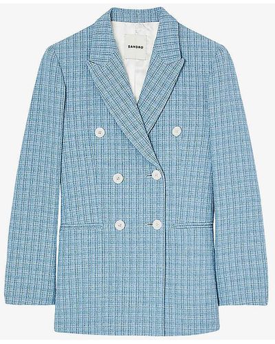 Sandro Tweed-textured Double-breasted Cotton-blend Blazer - Blue
