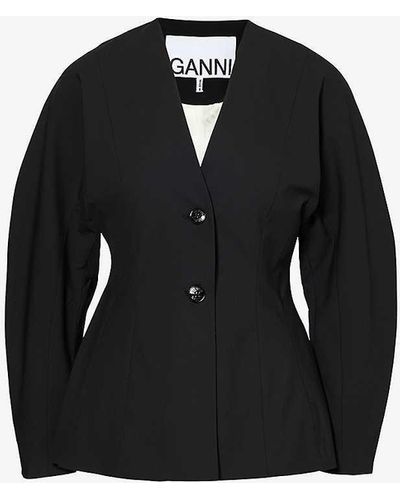 Ganni V-neck Slim-fit Woven Blazer - Black